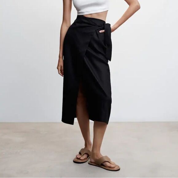 Mango 100% Linen Pareo Wrap Skirt Black - Picture 7 of 13